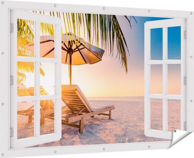 Gards Tuinposter Doorkijk Tropisch Strand tijdens Zonsondergang - 180x120 cm - Tuindoek - Tuindecoratie - Wanddecoratie buiten - Tuinschilderij