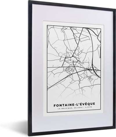 Fotolijst incl. Poster Zwart Wit- België – Fontaine l'Évêque – Stadskaart – Kaart – Zwart Wit – Plattegrond - 30x40 cm - Posterlijst