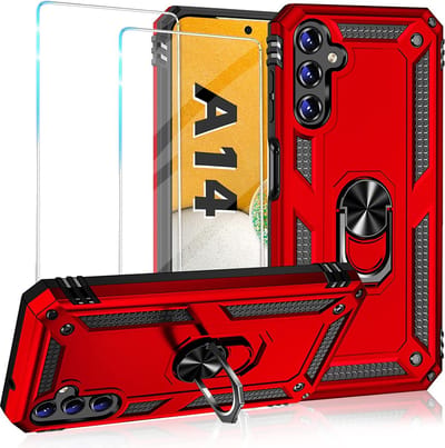 Casemania Hoesje Geschikt voor Samsung Galaxy A14 Rood & 2X Glazen Screenprotector - Anti-Shock Hybrid Armor Back Cover - Hoes met Kickstand Ring