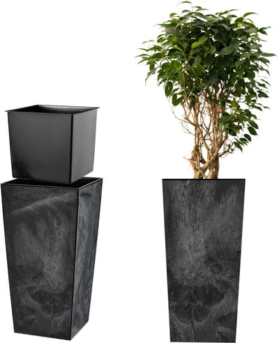 KADAX Bloempot, bloembak van kunststof, plantenbak voor bloemen, binnen en buiten, tuin, balkon, terras, huis, weerbestendig, imitatie rotan (68 cm hoog, betonzwart)