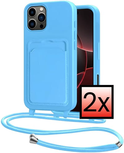 Hoes Geschikt voor iPhone 16 Pro Hoesje Pasjeshouder Cover Met Koord Case Siliconen Hoes Met Telefoonkoord en Kaarthouder - Lichtblauw - 2 PACK