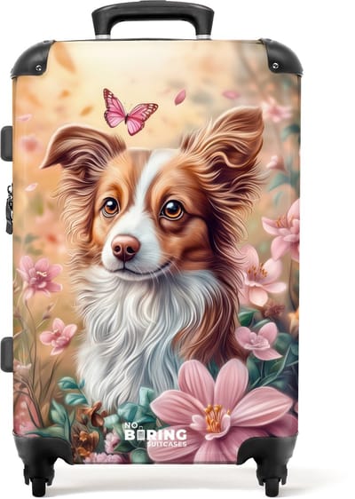 NoBoringSuitcases.com® - Kinderkoffer meisje - Kindertrolley meisjes - Hond in bloemenveld met vlinders - Koffer kind groot - Rolkoffer lichtgewicht - Reiskoffer met 4 wielen - Grote trolley XL - 20 kg bagage