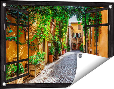 Gards Tuinposter Doorkijk Straatje in Rome met Groene Planten - 60x40 cm - Tuindoek - Tuindecoratie - Wanddecoratie buiten - Tuinschilderij