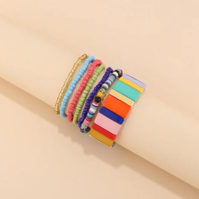 Armband - SET van 6 - Armband Dames - Polsbandjes - Armbanden - Multicolor - Armbanden Set - Kralen Armband Dames - Vrolijke Armbanden - Mode Accessoires - Sieraden Dames - Goudkleurig Paars Roze Groen Blauw Okergeel