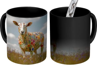 Magische Mok - Foto op Warmte Mokken - Koffiemok - Schaap - Bloemen - Weide - Magic Mok - Beker - 350 ML - Theemok