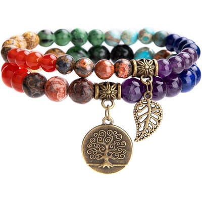 Bixorp Gems Dubbele Chakra Armband met Levensboom & Veertje - Edelsteen Kralenarmband met Hanger - Verschillende Kralen - 6mm & 8mm Kralen - 20cm