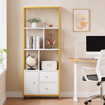 Boekenkast met 1 deur en 2 lades- 4-laags boekenplank- 60x30x160 cm- boekenkast met geheime deur voor slaapkamer- woonkamer- kantoor- wit en goud