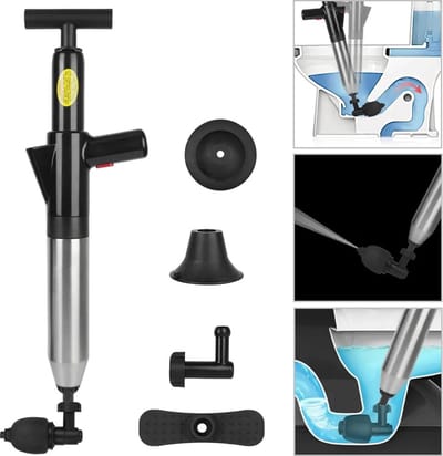Professionele Luchtdruk Pomp Ontstopper - 4 Ontstoppingskoppen - Luchtdruk Meter - RVS - Gootsteenontstopper - Toilet - WC - Afvoer - Rioolontstopper - Ontstoppingsveer - Plopper - 0-8 Bar