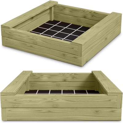 Massieve Houten Zandbak Beer 150x150 cm, Geïmpregneerd Grenenhout met Zitplanken en Grondzeil