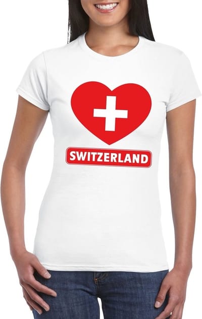 Zwitserland t-shirt - met hartjes vlag print - wit - voor dames - korte mouwen - landen supporters S