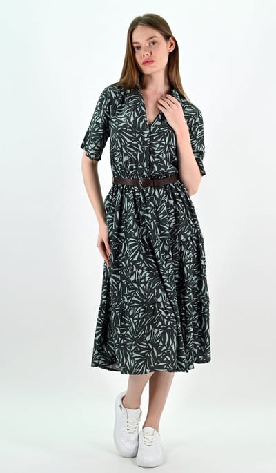 YesMooi - Midi Blousejurk met Bladprint en Ceintuur - M (38) - Donkergroen