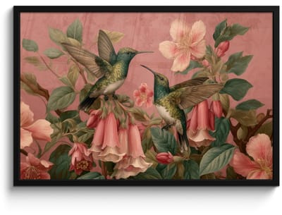 Poster in lijst - Fotolijst 90x60 cm - Posters - Kolibries - Bloemen - Groen - Roze - Posterlijst zwart - Decoratie - Wanddecoratie woonkamer - Muurdecoratie slaapkamer
