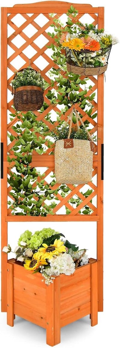 COSTWAY Bloembak met rankrooster van hout, plantenbak voor klimplanten, verhoogd bed met latwerk en drainagegat, bloempot voor tuin, binnenplaats, balkon, tuinlatwerk, rankkast, oranje