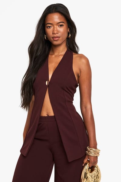 boohoo Dames Crepe Gouden Knopen Voorkant Longline Vest | Chocoladebruin | Maat: 40