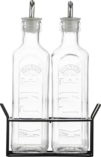 Kilner - Olie- en azijnstel - Set van 2 olieflessen - Glas - Metalen houder - Zwart - 600ml