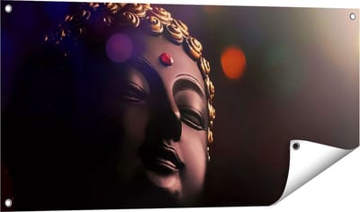 Gards Tuinposter Boeddha Beeld met Gouden Sierraden - 100x50 cm - Tuindoek - Tuindecoratie - Wanddecoratie buiten - Tuinschilderij