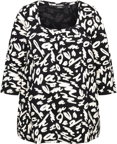 Ulla Popken - Dames - Shirt A-lijn sierplooien carréhals 3/4-mouwen - Zwart - Maat 42+