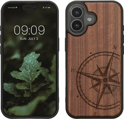 kwmobile telefoonhoesje geschikt voor iPhone 17 - Hoesje met bumper - hout - In donkerbruin Vintage Kompas design