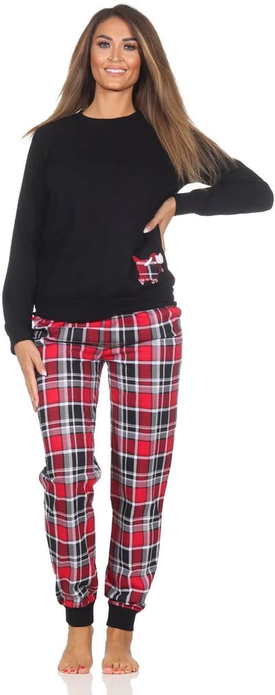 Damespyjama met boorden met geruite broek en schattig dierenmotief - ook in overmaten