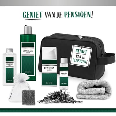 Geschenkset "Geniet van je pensioen!" - 7 Producten - 630 Gram - Triomf Cosmetica | Giftset Toilettas voor hem Douchegel Bodylotion Scrubzout Geurblokje Wellness Pakket Gestopt met werken Cadeau set Vader Broer Vriend Collega Groen
