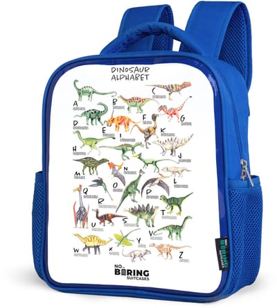 NoBoringSuitcases.com® - Rugzak blauw - Schooltas jongens - Alfabet van dino's - Kinder rugtas jongen - Boekentas kind - Kinderrugzak voor school - Schoolrugzak