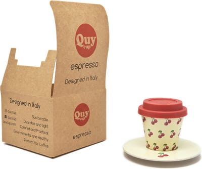 Quy Cup - 90ml Ecologische Reis Beker - Espressobeker “Ciliegia” met schotel en Rode Siliconen deksel Set 1 Espresso Cup with Dish