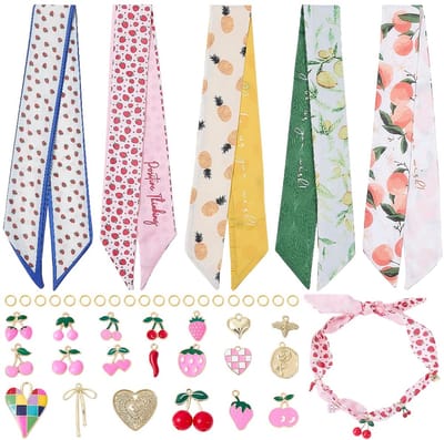 55 stuks halsketting doe-het-zelf sjaal met bedels, tulband, schattig, fruit, goud, bedels, legering, kers, aardbeien, peper, hart, boog, sieraden, verstelbaar, sjaal, halsketting, tulband