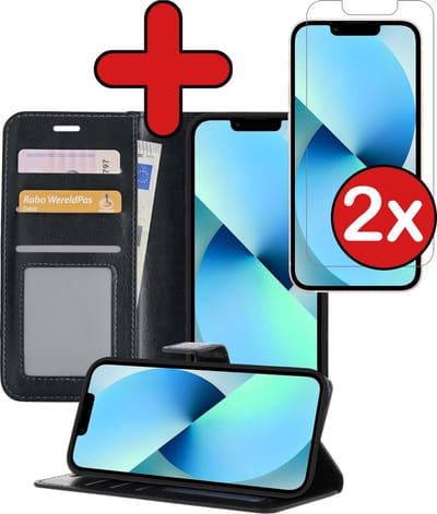 Hoesje - Met 2x Screenprotector - Geschikt voor Apple iPhone 13 Mini - Luxe Pasjeshouder - Flip Case - Bookcase Portemonee - Kunstleer Book Case - Flipcase Hoes - Book Cover - Walletcase - Portemonneehoes - Telefoonhoes - Zwart