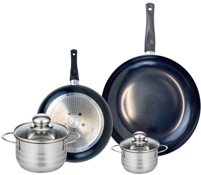 Set van 2 Koekenpannen 24 en 32 cm en 2 kookpotten 12 en 16 cm Elo Prima Glanzend