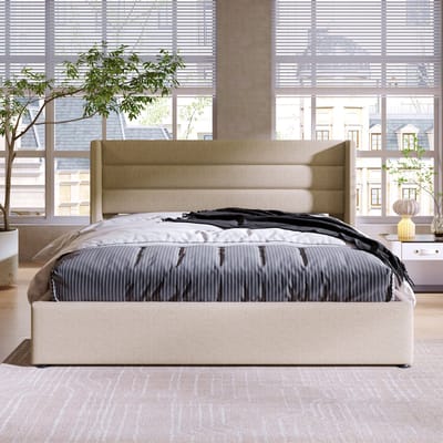 Hydraulisch Opbergbed 140x200 cm - Gestoffeerd Linnen Tweepersoonsbed - Houten & Metalen Lattenbodem - Beige