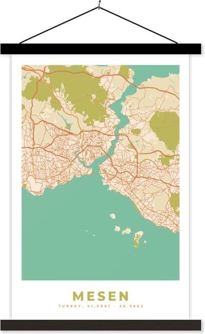 Posterhanger incl. Poster 40x60 cm - Schoolplaat - Istanbul - Plattegrond - Stadskaart - Vintage - Kaart - Textielposter - Zwarte latten - Stadskaart