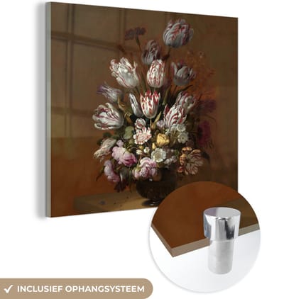 MuchoWow® Glasschilderij 50x50 cm - Schilderij acrylglas - Kunst - Bloemen - Stilleven - Oude meesters - Vintage - Foto op glas - Schilderijen