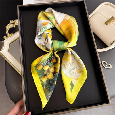 Lente Zomer Luxe 70cm Vierkante Zijden Dames Sjaal Citroen Bedrukte Satijnen Sjaals Sjaal Hoofddoek Hoofdband Bandana Zakdoek 70x70cm yellow