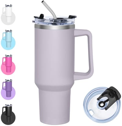 Allecto - Thermobeker - Rietje - Isolatiebeker met multifunctioneel deksel - Lichtlila - Koffiebeker-to-go - Perfect voor warme en koude dranken - ...