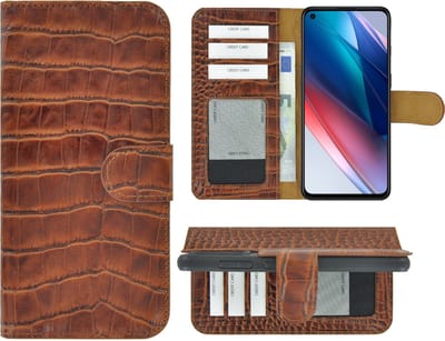 Hoesje Geschikt voor Oppo Find X3 Lite - Bookcase - Oppo Find X3 Lite Wallet Book Case Echt Leer Croco Kaneelbruin Cover
