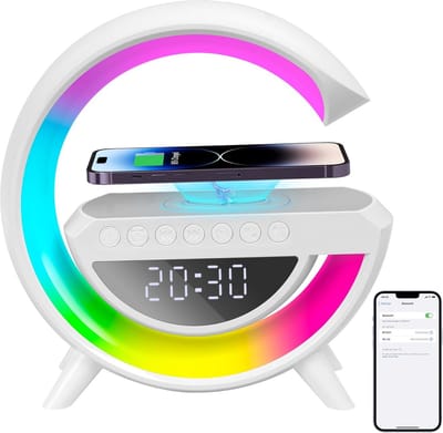3-in-1 LED Lamp met Draadloze Oplader en Bluetooth Luidspreker - Dimbare Sfeerlamp met Muzieksynchronisatie, 15W Oplaadfunctie, Nachtlicht voor Slaapkamer - ABS+PC - 235x80x238mm