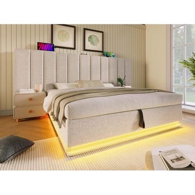 ModernLuxe Gestoffeerd linnenopbergbed 160×200cm - met LED en opladen - met lattenbodem - Beige