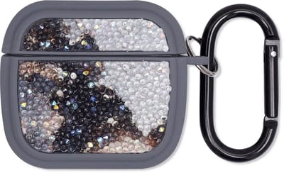 Casemania Hoesje Geschikt voor Apple AirPods 4 - Grijs - Diamant Marmer Glitter Cover met Ring en Sleutelhanger