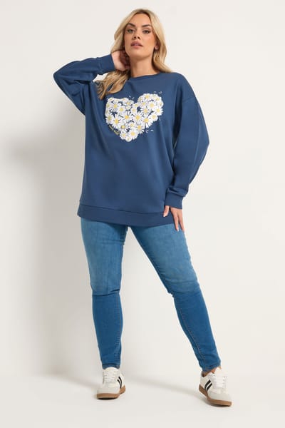 Yours Blauw Sweatshirt Met Madeliefjesprint En Studs Size 42