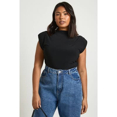 boohoo Dames Plus Schoudervulling Mouwloze Bodysuit | Black | Maat: 24