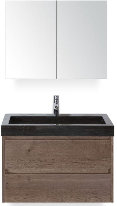 Dante Badmeubelset 80 cm - Tabacco - Wastafel Hardsteen Wit Lucca met Spiegelkast
