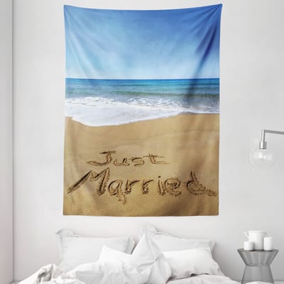 ABAKUHAUS Strandtapijt, Net getrouwd op zand, woonkamer slaapkamer wanddoek zijdezacht satijn wandtapijt, 150 x 200 cm, bruin witblauw
