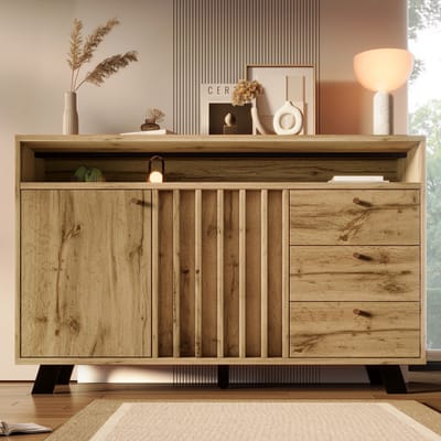 PHOEBE CAT Dressoir - Halmeubel - 3 lades - Verstelbare planken - Houtnerf - 120 x 40 x 85 cm - Natuurlijke