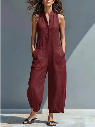 Damesjumpsuit - Mouwloze zomerjumpsuit met wijde pijpen - Stijlvolle casual jumpsuit met knoopsluiting en losse pasvorm - Met zakken - Bordeaux - Maat S