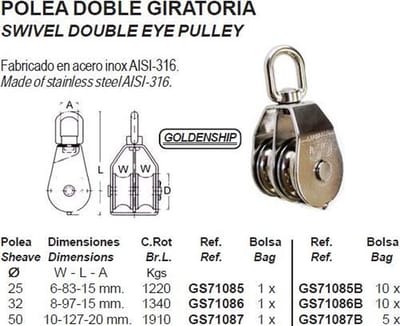 Goldenship Wartelblok Met Dubbele Schijf Zilver 8 mm