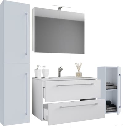 VCM 5-tlg. Set | 1 Waschtisch mit zwei Schubladen, 1 Spiegelschrank, 1 Waschbecken, 1 Midischrank, 1 Hochschrank | Keramik Waschbecken | hängend Unterschrank 80 cm | Badmöbel Set Waschplatz – Badinos