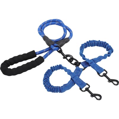 Dubbele Hondenlijn Anti-Knoop 360 graden Draaibaar Gewricht Schokabsorberend Nacht Reflecterend Dubbelzijdig Tandem Huisdier Leash blauw