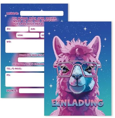 Sugeru 12 stuks glitter uitnodigingskaarten voor kinderverjaardag met glitter lama-design, verjaardagsuitnodigingen voor jongens meisjes, grappige casual alpaca uitnodigingskaarten voor verjaardag