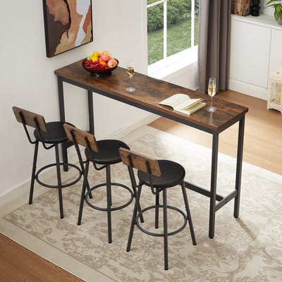 Pugsdrly Lange bartafel met 3 gestoffeerde barkrukken van PU, industriële bartafel en stoelen voor de keuken, ontbijtruimte, woonkamer, feestzaal, rustiek bruin en zwart