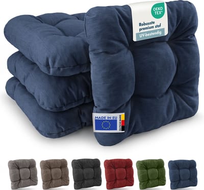 Beautissu HighLux SK – Set van 4 Premium Stoelkussen 35x35 cm Blauw – Robuust Zitkussen UV-bestendig – 8 cm Dik – Indoor & Outdoor – Tuinkussen Balkon